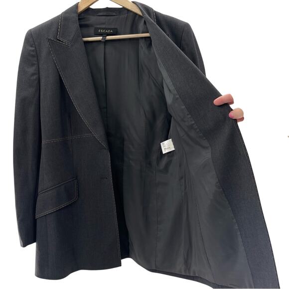 Escada Margaretha Ley Wool Contrast Stitch Denim Look Gray 2 Button Blazer US 12 - Picture 2 of 10